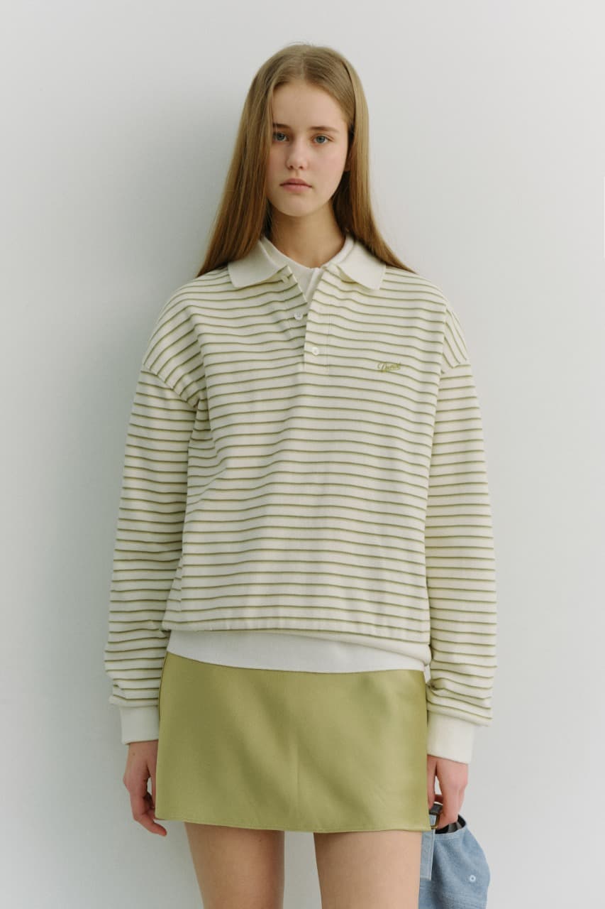 UNISEX STRIPED LOGO COLLARED T-SHIRT OLIVE STRIPE_UDTS6A120K1