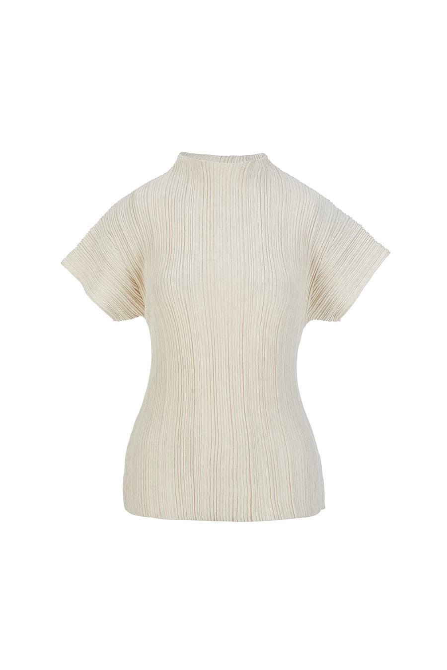 PLEATS MOCKNECK SHORT SLEEVE TOP [LIGHT BEIGE]
