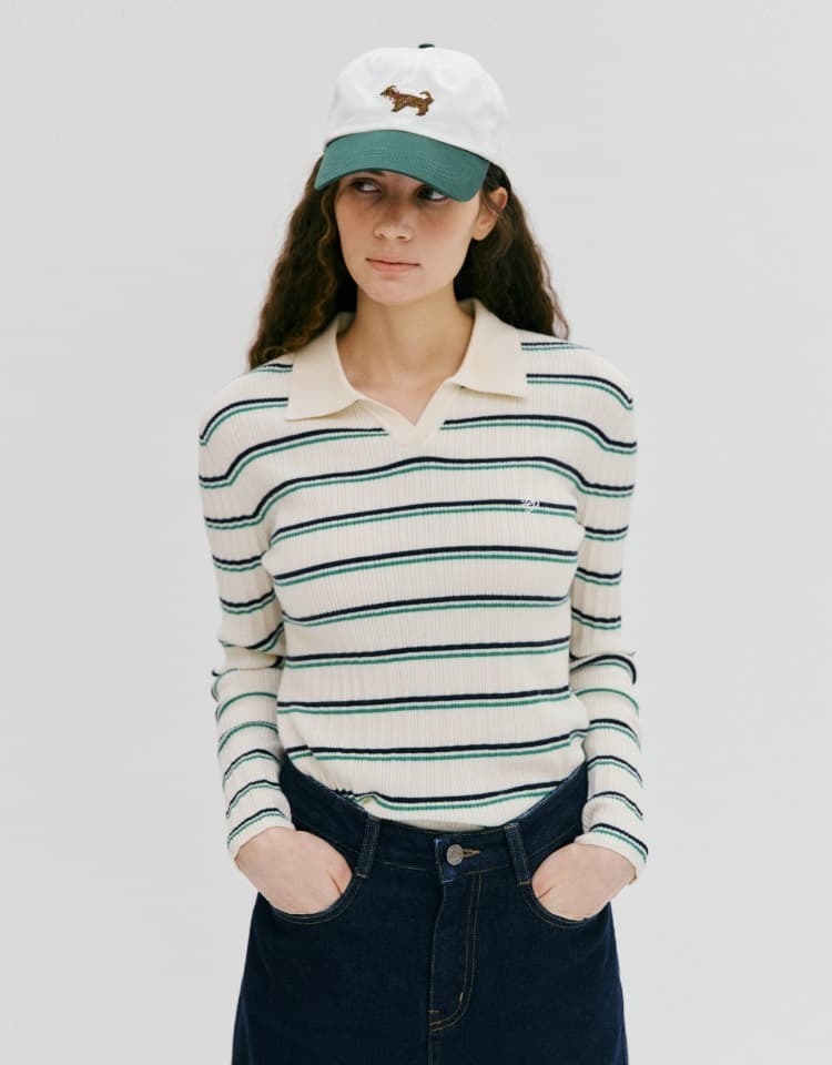stripe collar open pullover - green