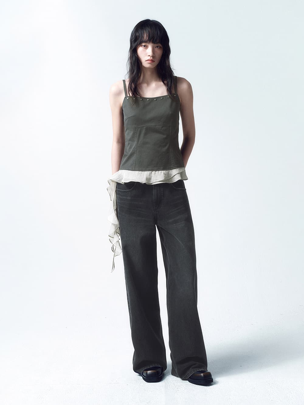로우 웨이스트 와이드 진 WASHED BLACK