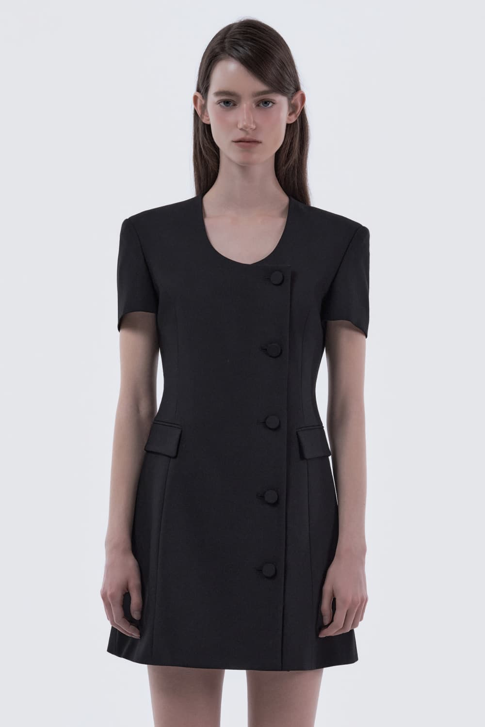 Jenn Round Neck Half-Sleeve Suit Jacket Dress - Black