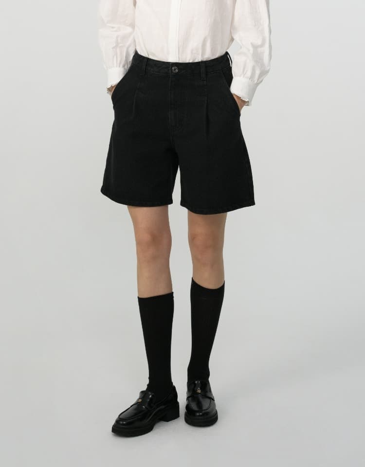 pintuck half denim pants - black