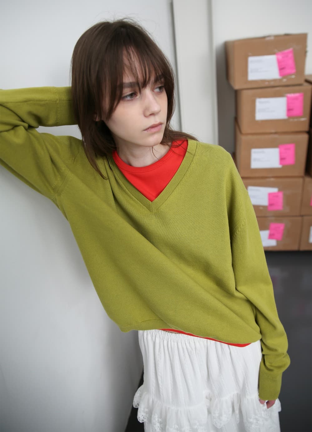 All-Day Cotton V-neck Knit - Matcha Olive