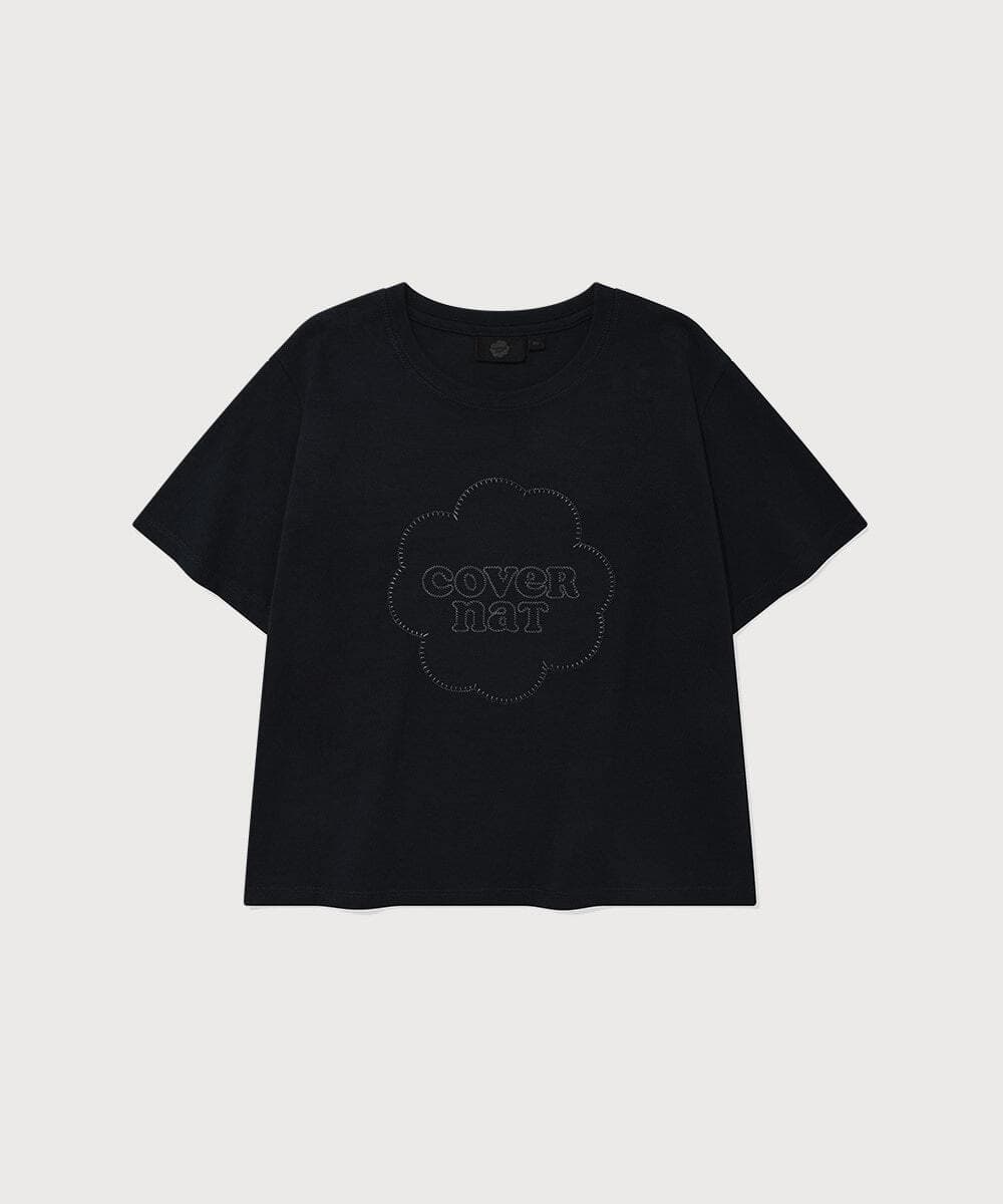 우먼 크롭 클로버하트 패치워크 티셔츠 Navy