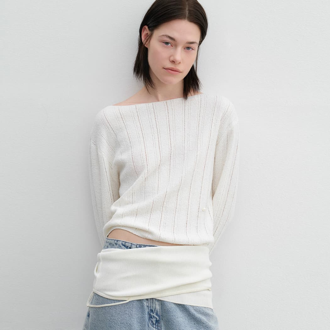 (T-7183)AN BOUCLE CROP BOAT NECK KNIT