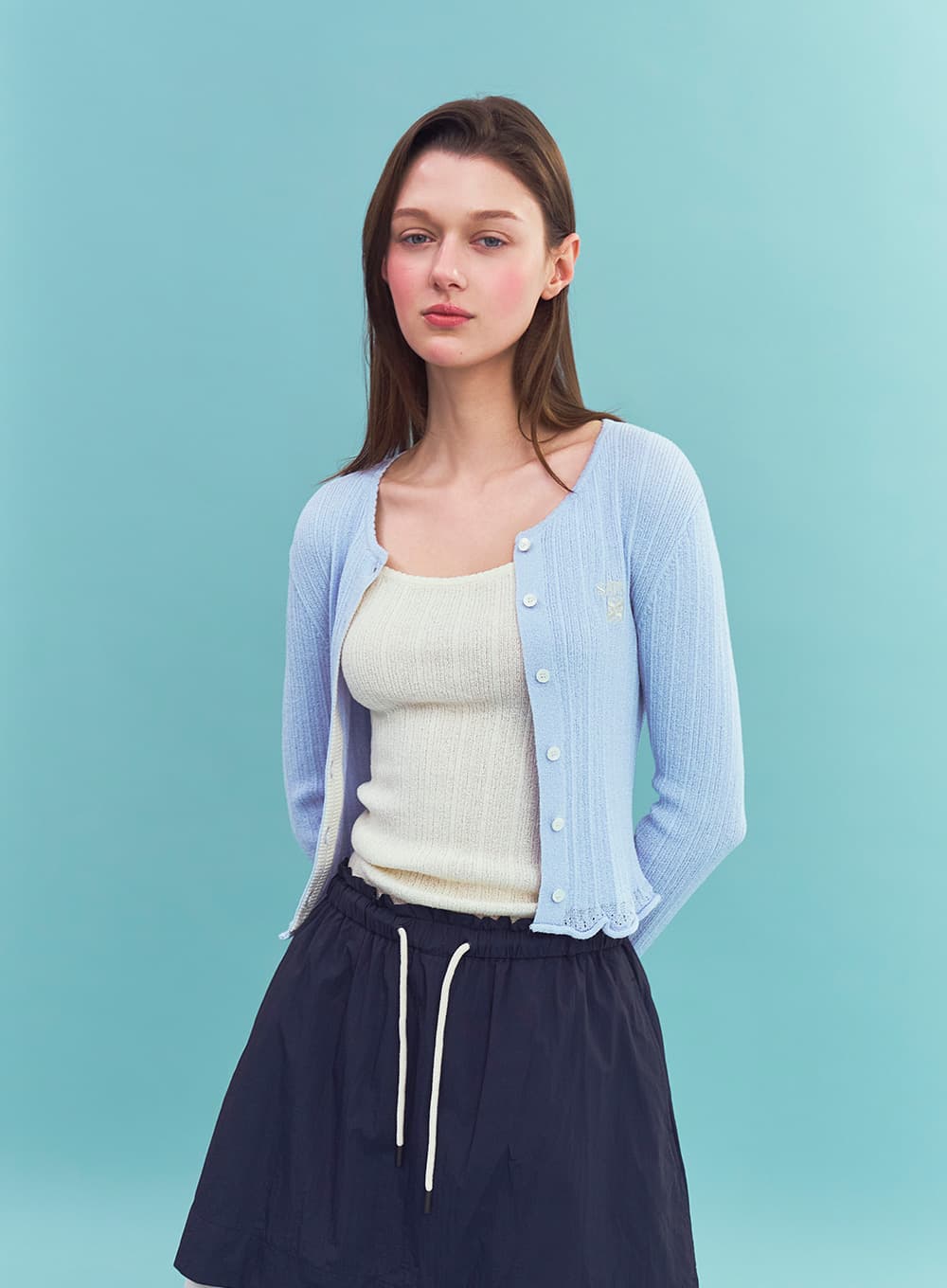 (W) Sheer Long Sleeve Crop Cardigan - Sky Blue