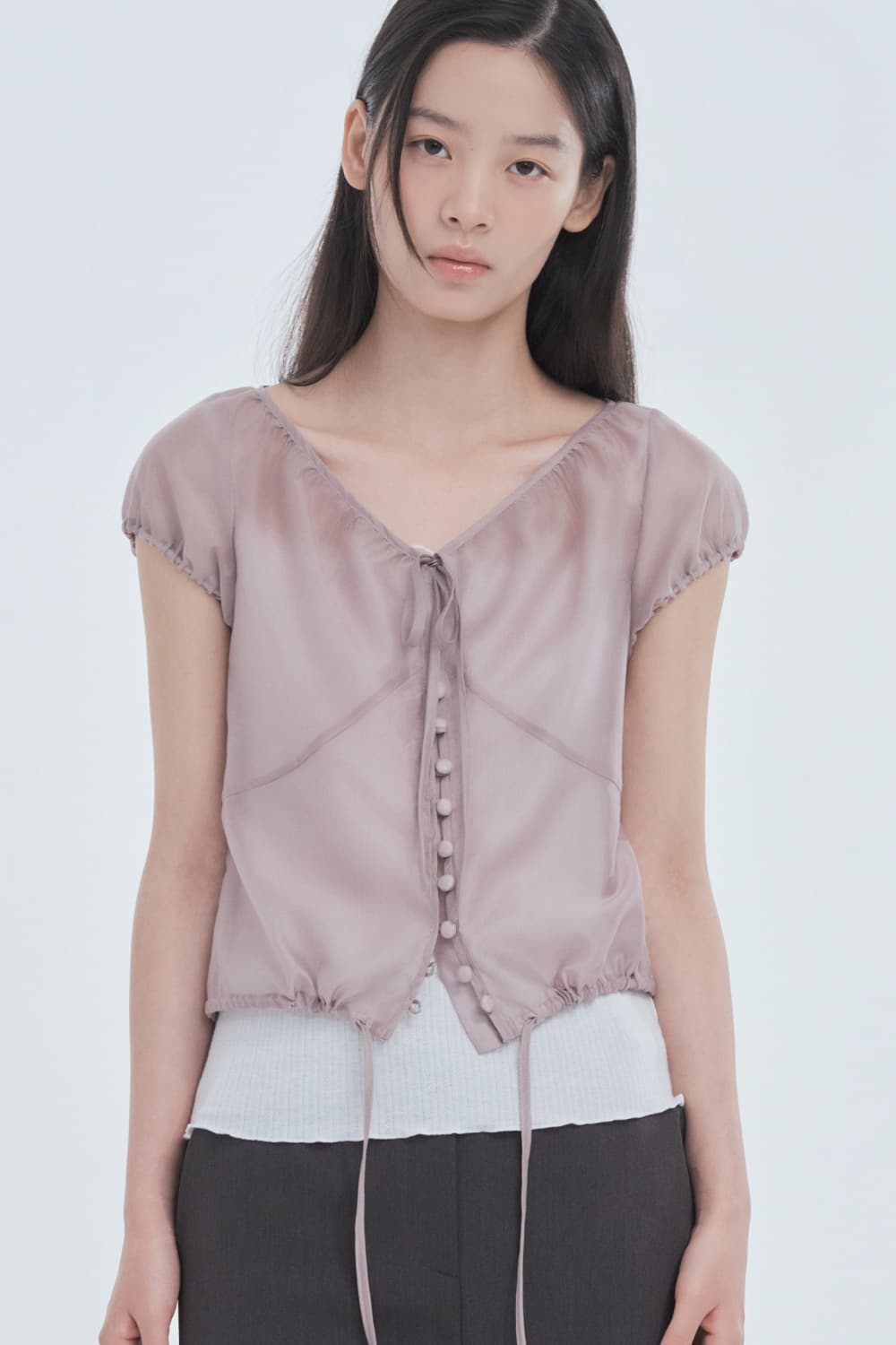 Sheer Ribbon Tie Shirring Blouse - Grey