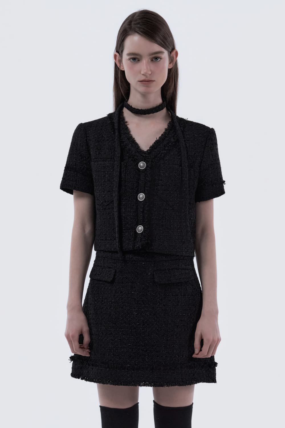 Fringed Tweed String Half-Sleeve Jacket - Tweed Black