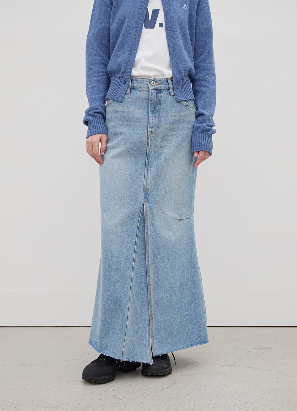 Front Slit Denim Maxi Skirt - Light Blue