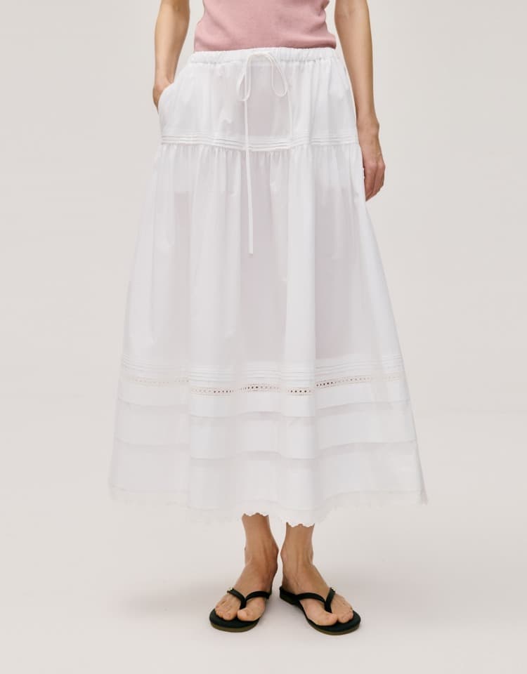 pintuck lace long skirt - white