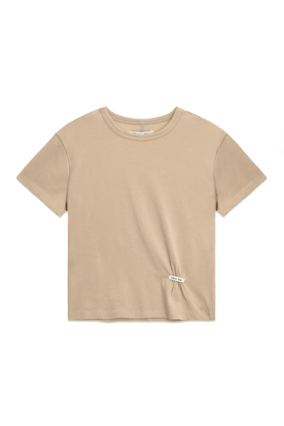 MINI LABEL SHIRRING TOP IN BEIGE