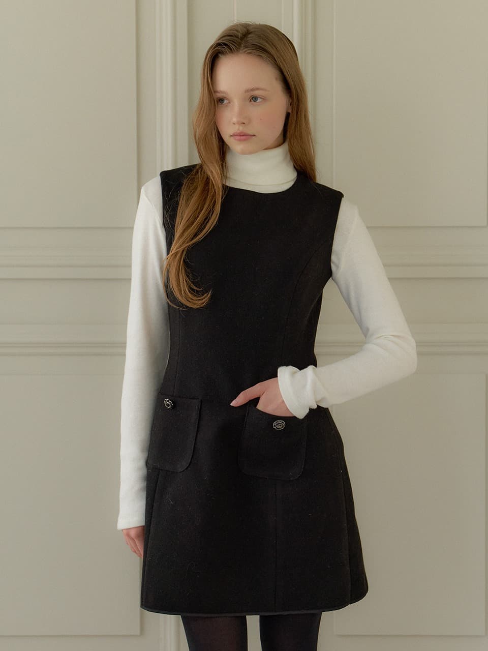 Wool Pocket A-line Mini-Dress / Black