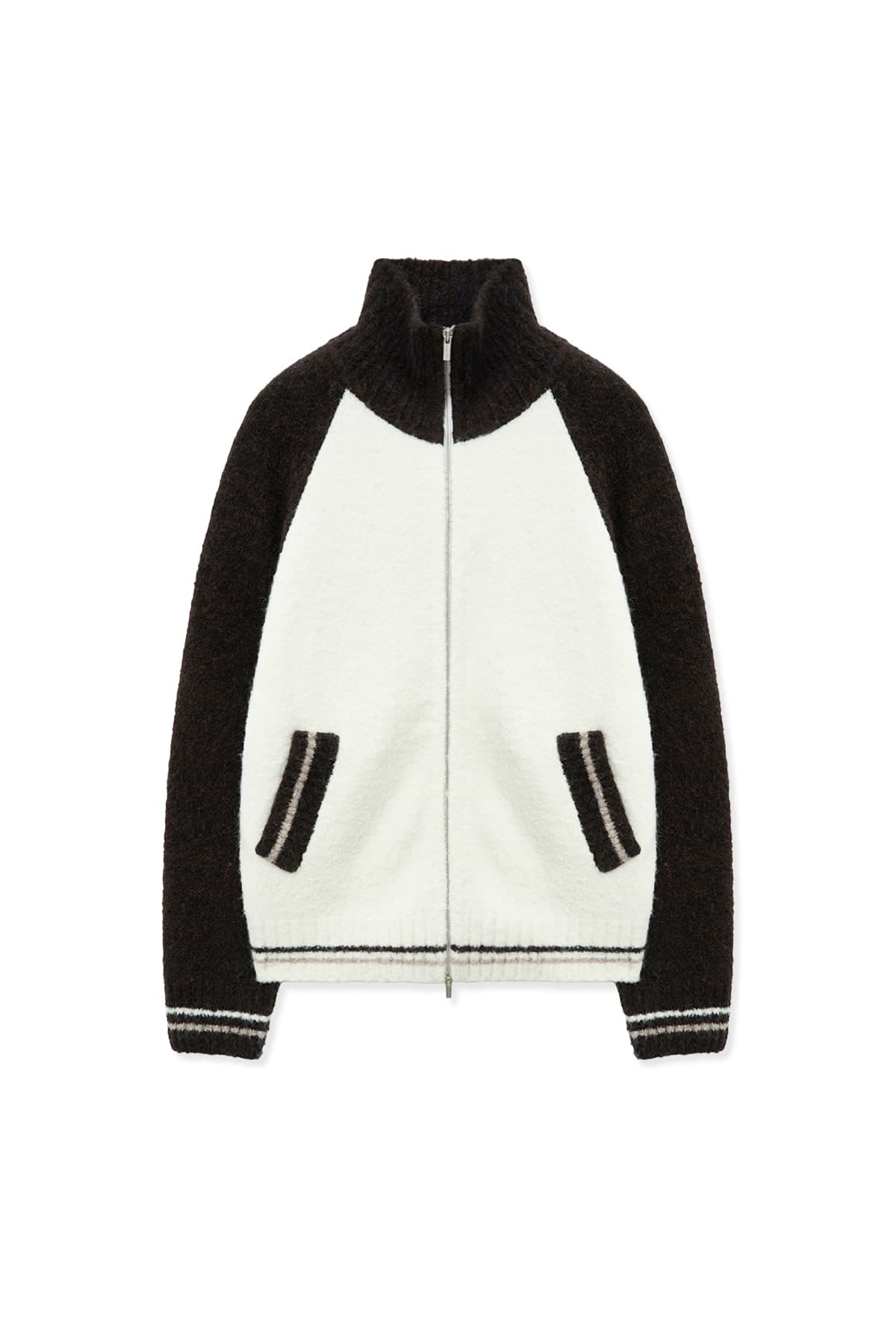 HIGH NECK RAGLAN KNIT ZIP UP FOR WOMEN IN DARK BROWN