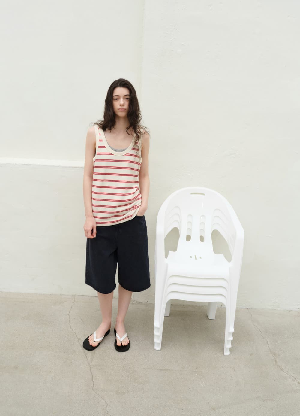Low Back Stripe PK Sleeveless Top - Ecru Stripe