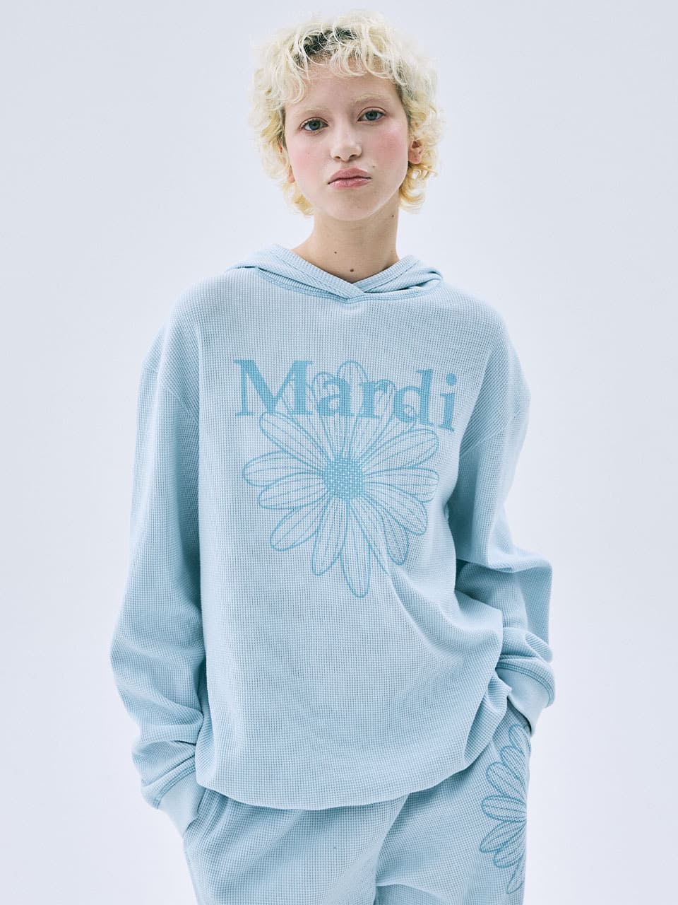 WAFFLE OVERSIZED HOODY FLOWERMARDI_SKY BLUE