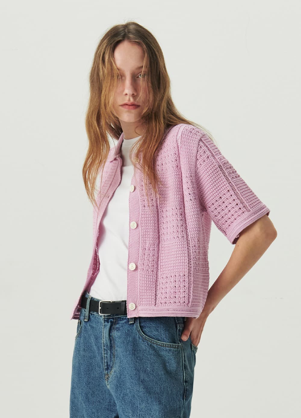 Crochet Knit Half-Sleeve Cardigan - Lilac Pink