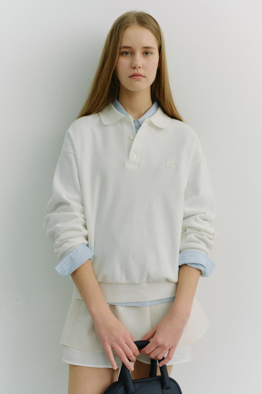UNISEX LEATHER LOGO COLLARED T-SHIRT WHITE_UDTS6A110WT