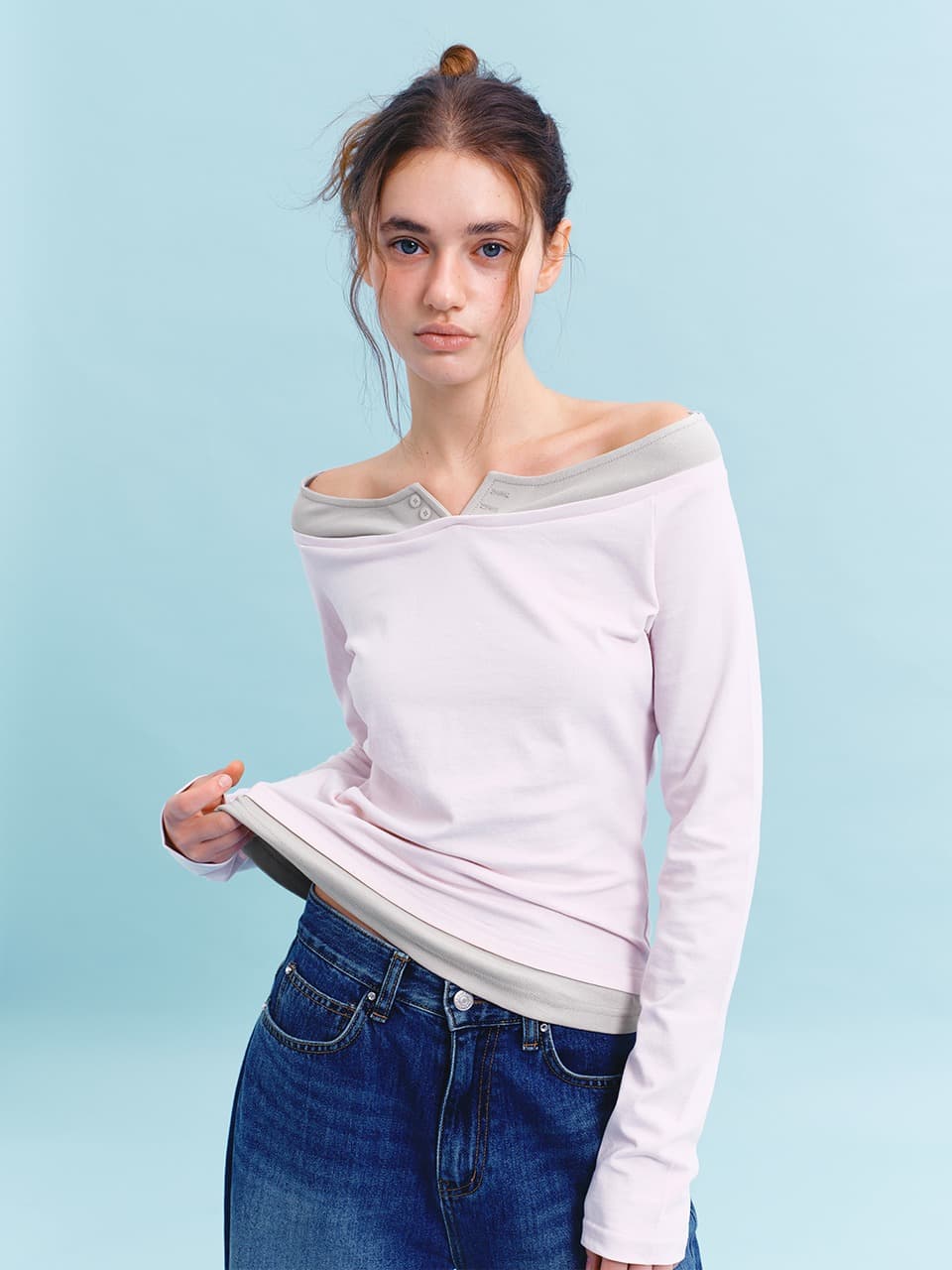 OFF-SHOULDER LAYERED T-SHIRT  (LIGHT PINK)