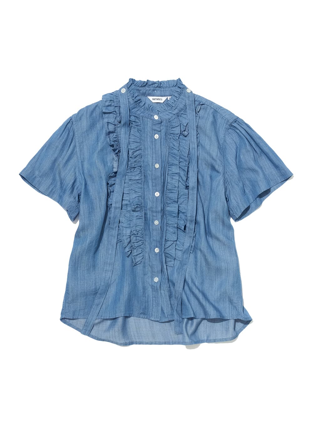 SCARF RUFFLE PINTUCK BLOUSE_DENIM