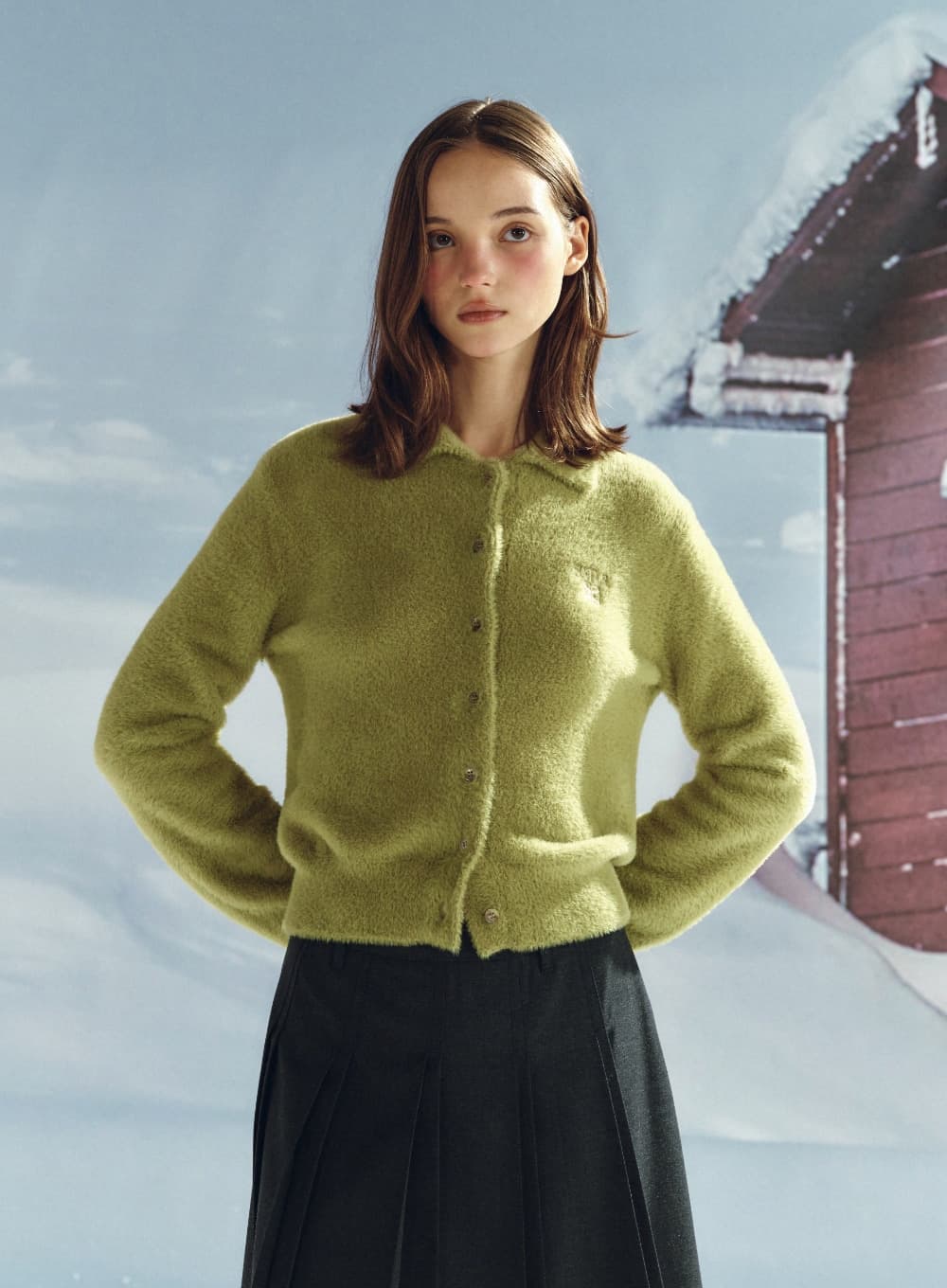 (W) Hairy Collar Knit Cardigan - Olive Green