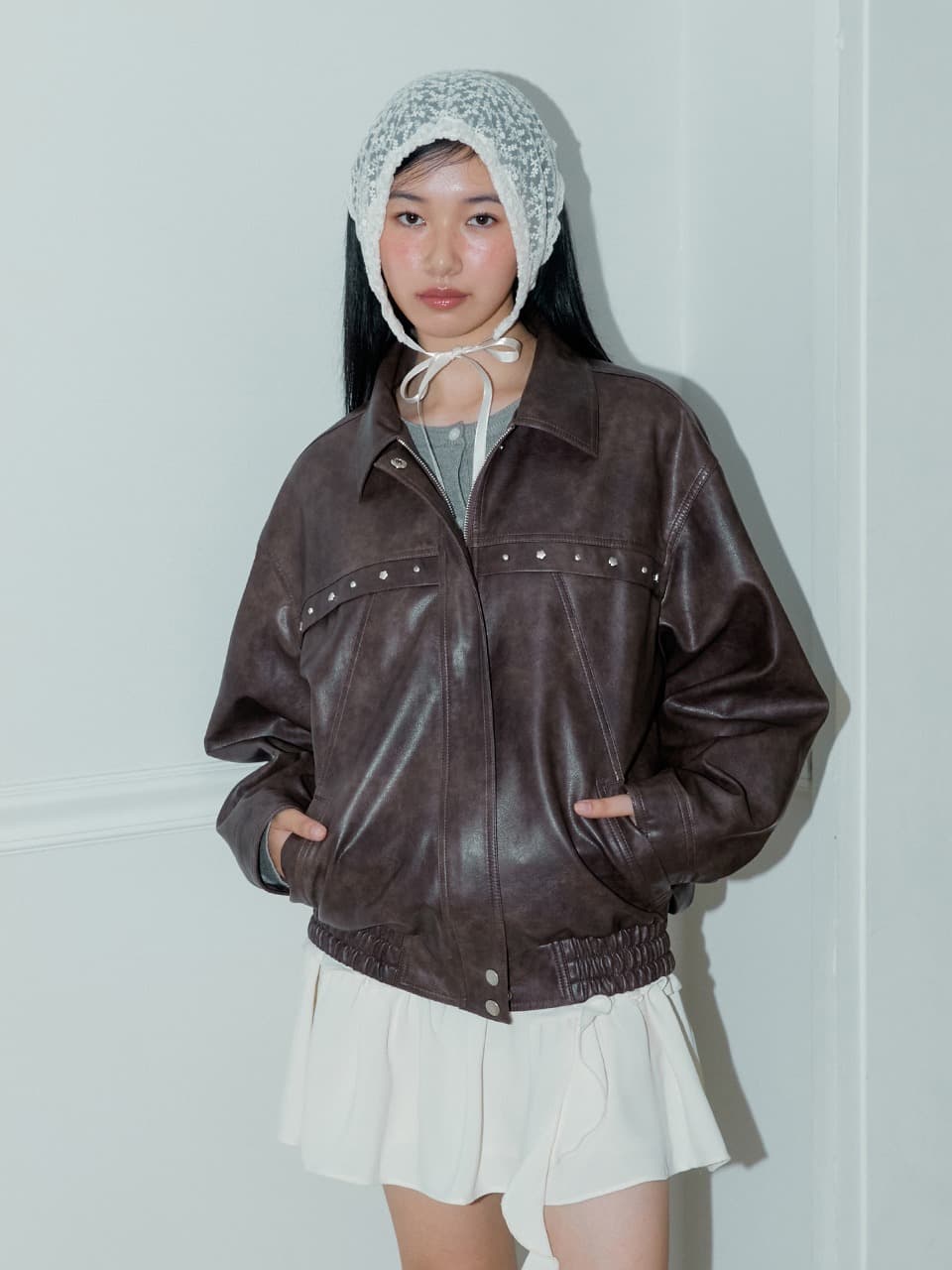 RIVET ECO LEATHER JACKET (BROWN)