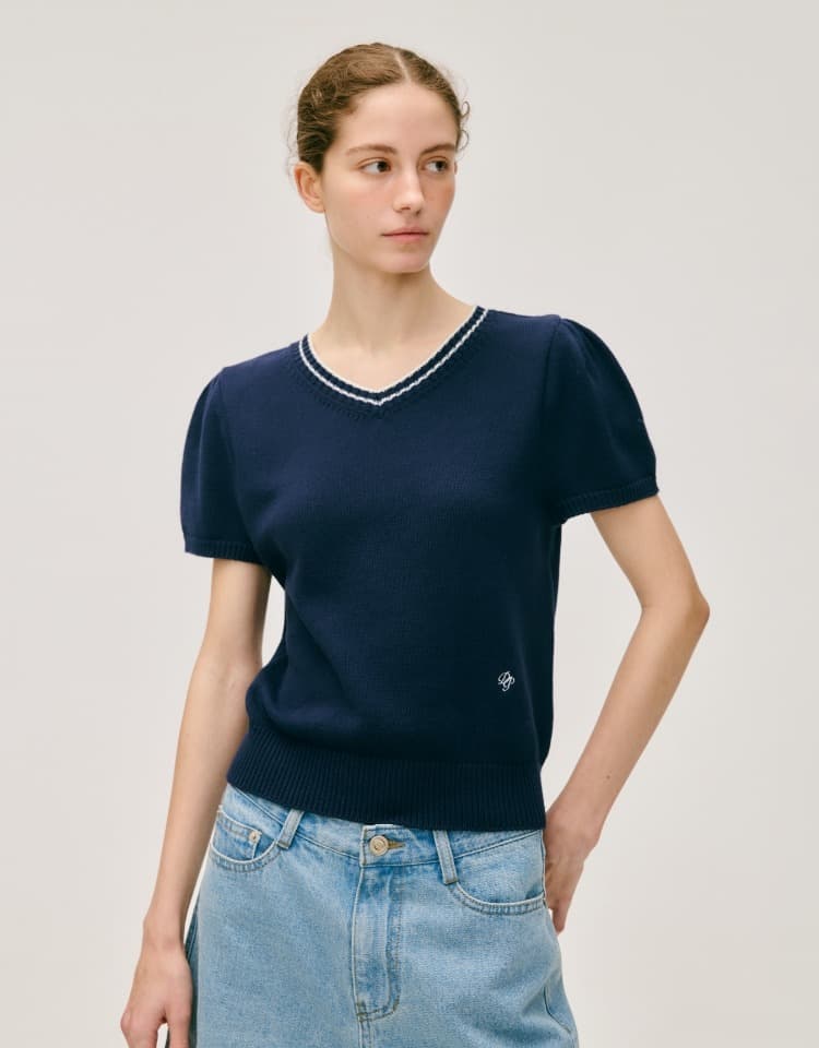 v neck half sleeve pullover - navy