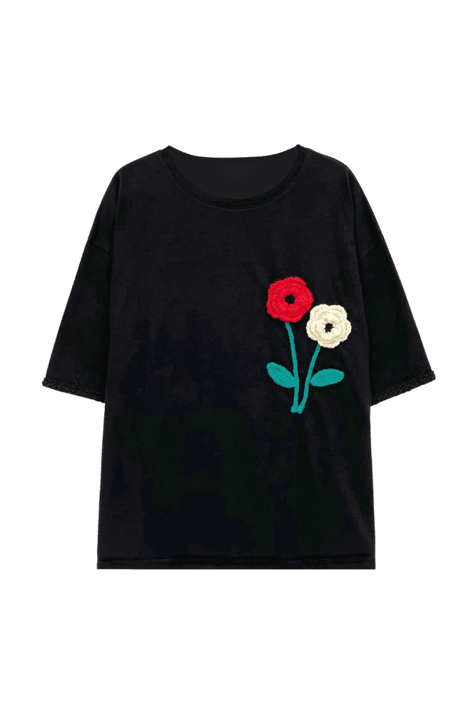 Crochet Flower Patch Tee (Black)