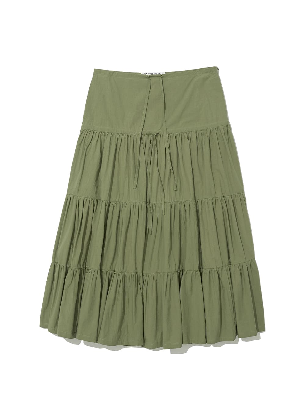 BOW STRAP SHIRRING TIERED MAXI SKIRT_KHAKI GREEN
