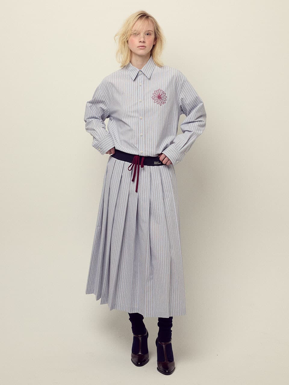COTTON PLEATED MAXI SKIRT STRIPE_BLUE