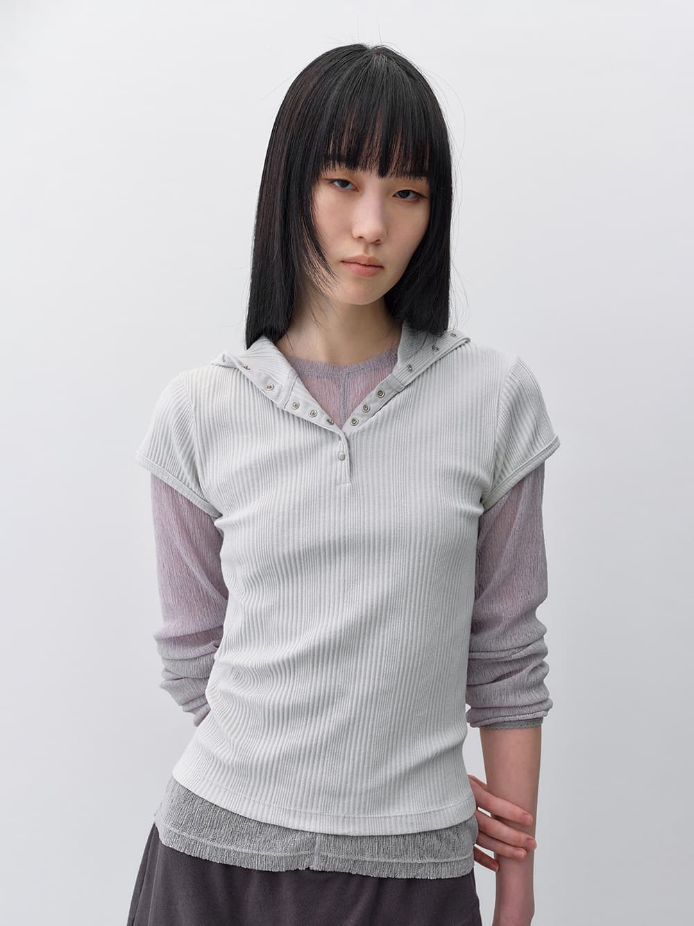 슬림 스냅 후디 탑 LIGHT GREY