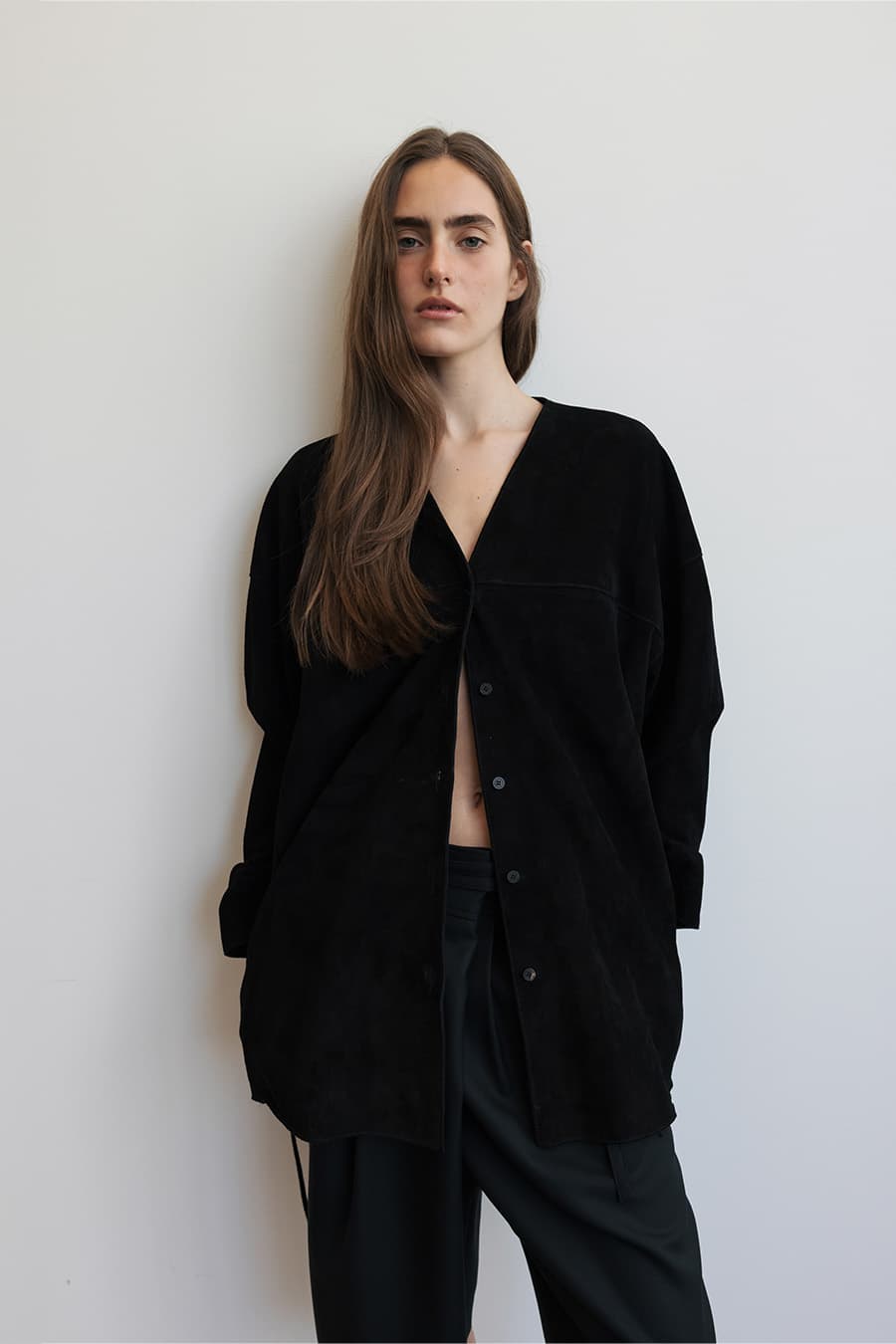 COLLARLESS LEATHER JACKET [BLACK]