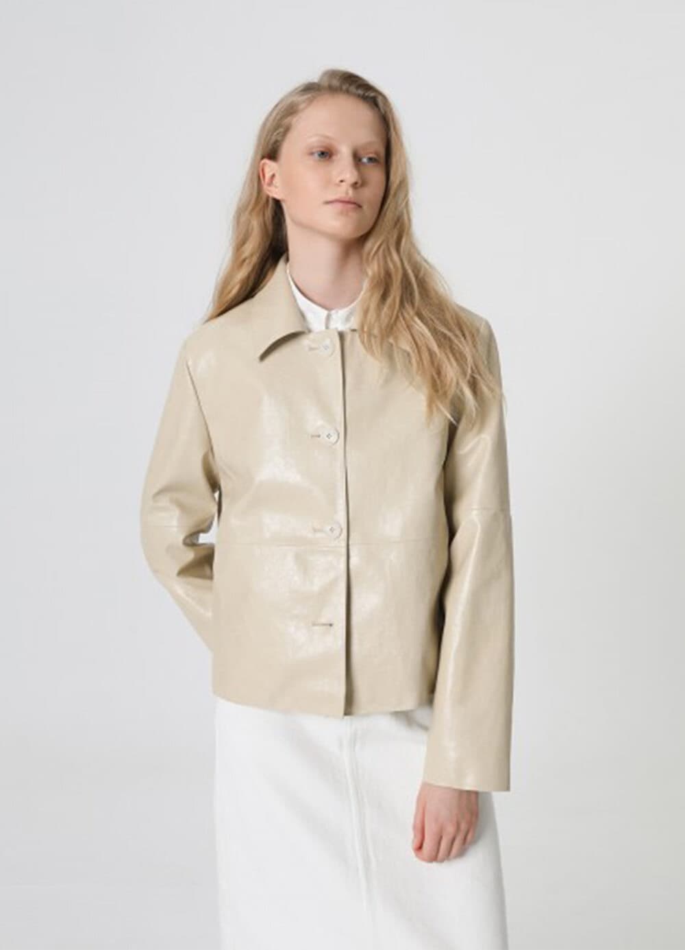 Faux Leather Crop Jacket - Light Beige
