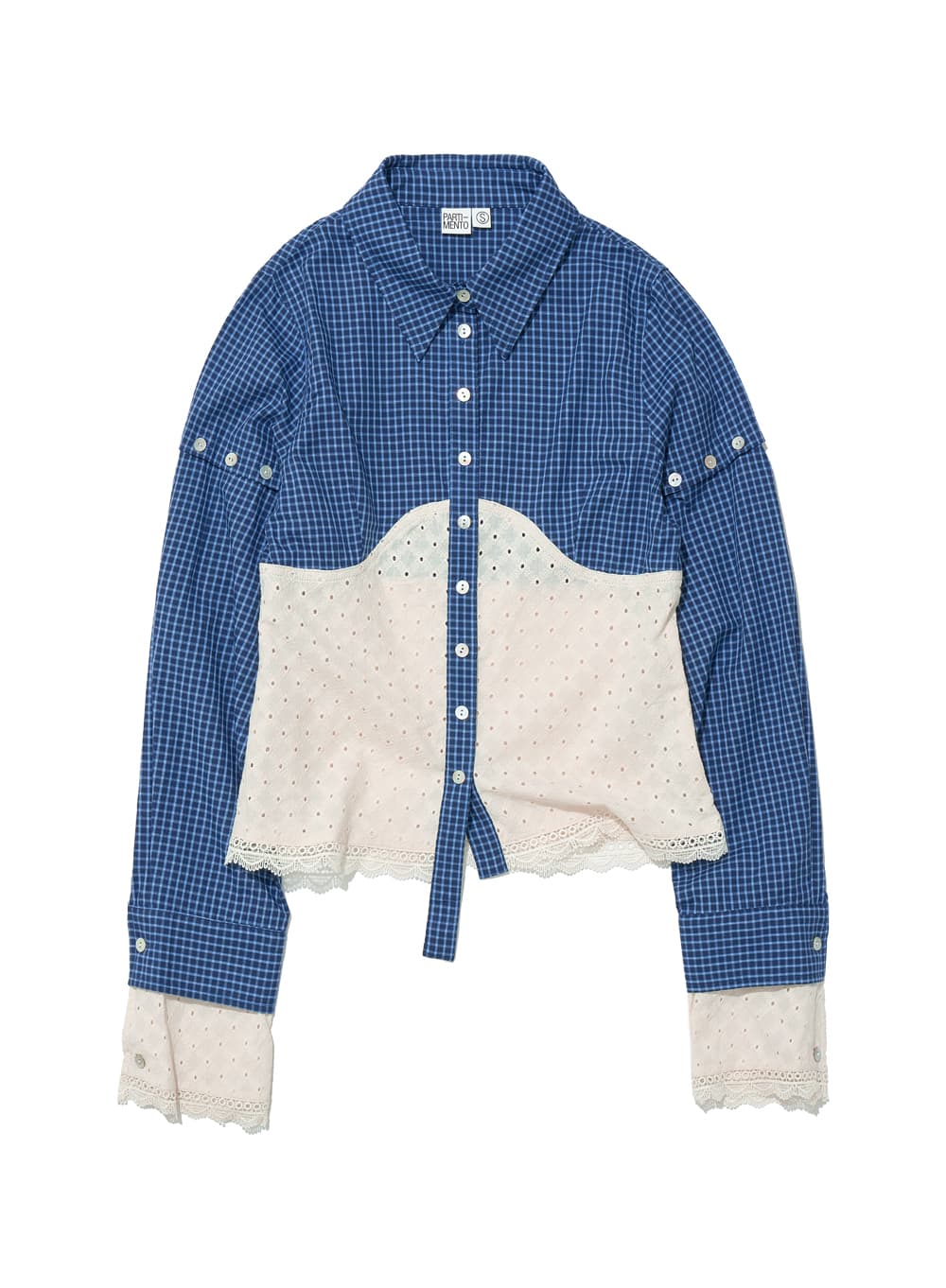 CHECK LACE EMBROIDERY COMBI SHIRT_BLUE