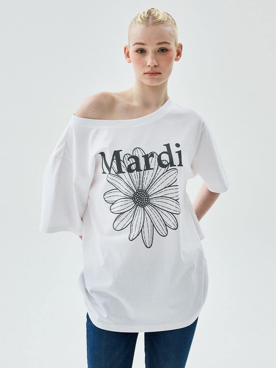OVERSIZED TSHIRT OFF SHOULDER FLOWERMARDI_WHITE GREY