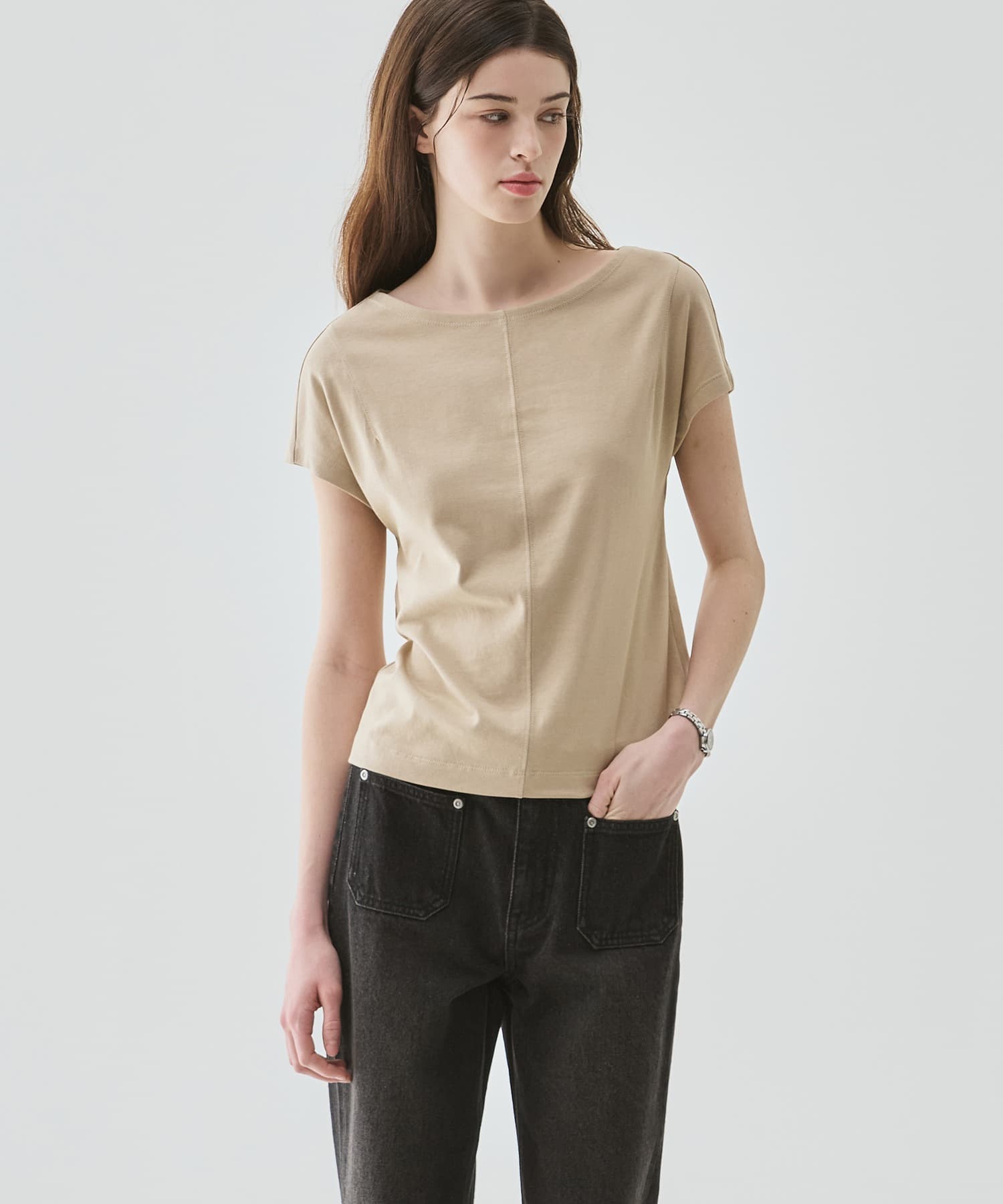 수피마 실켓 돌먼 보트넥 반팔 티셔츠 [BEIGE]