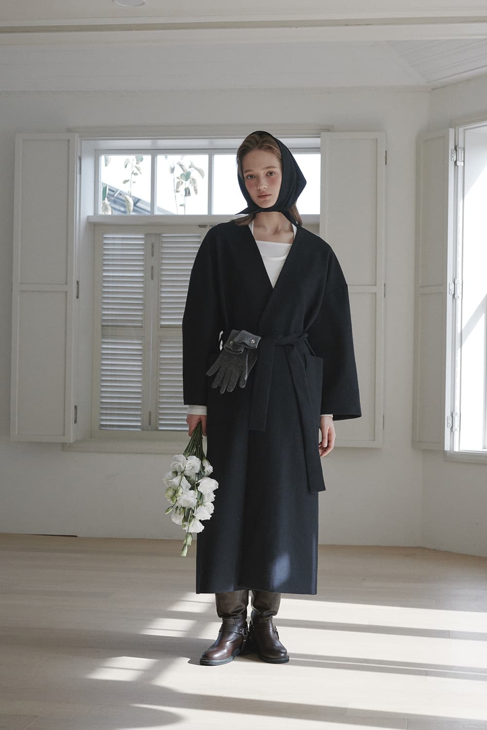 Helena Wool Head Scarf Coat Set - Dark Navy