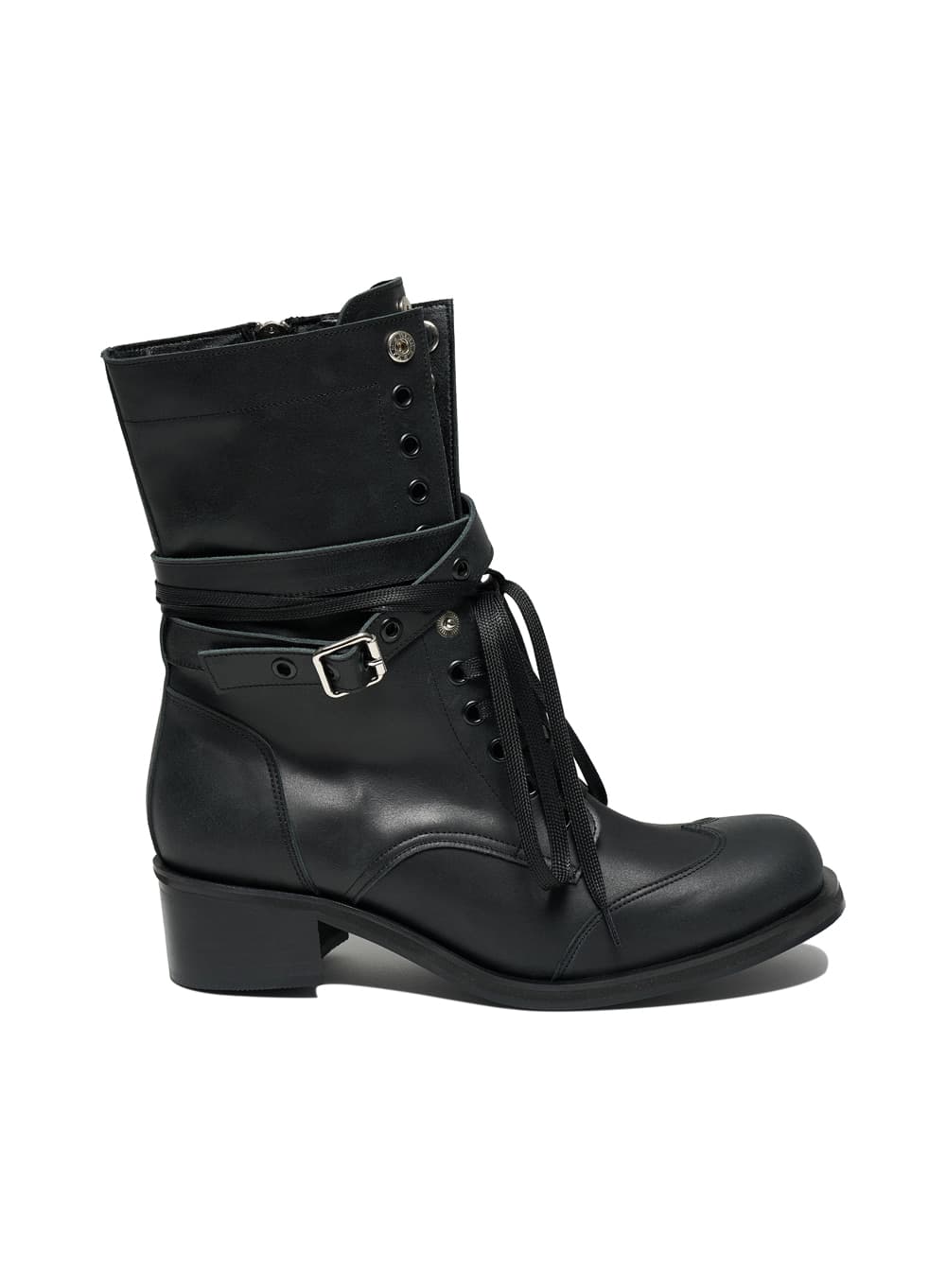 LEATHER BUCKLE STRAP LACE-UP BOOTS_BLACK
