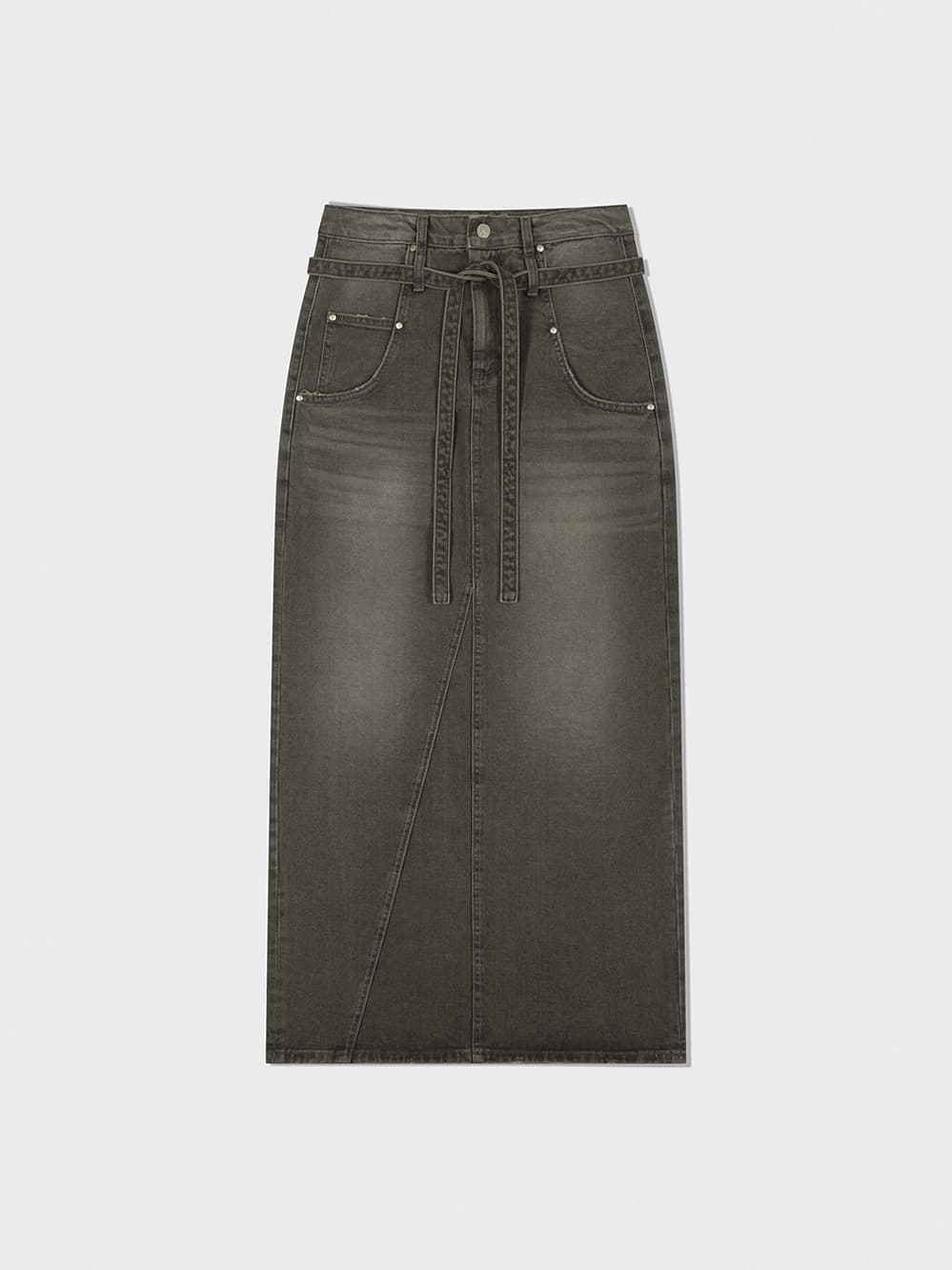 Belted High Waist Denim Skirt_Grey