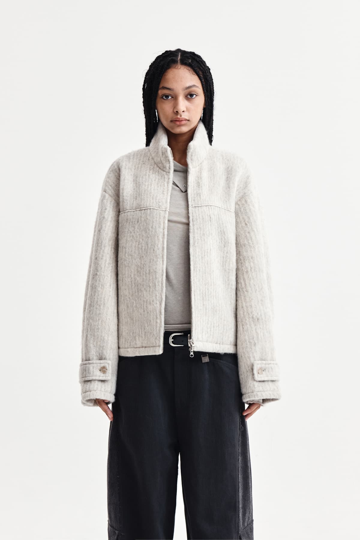 HAIRY HIGH NECK ZIP UP JUMPER IN LIGHT BEIGE