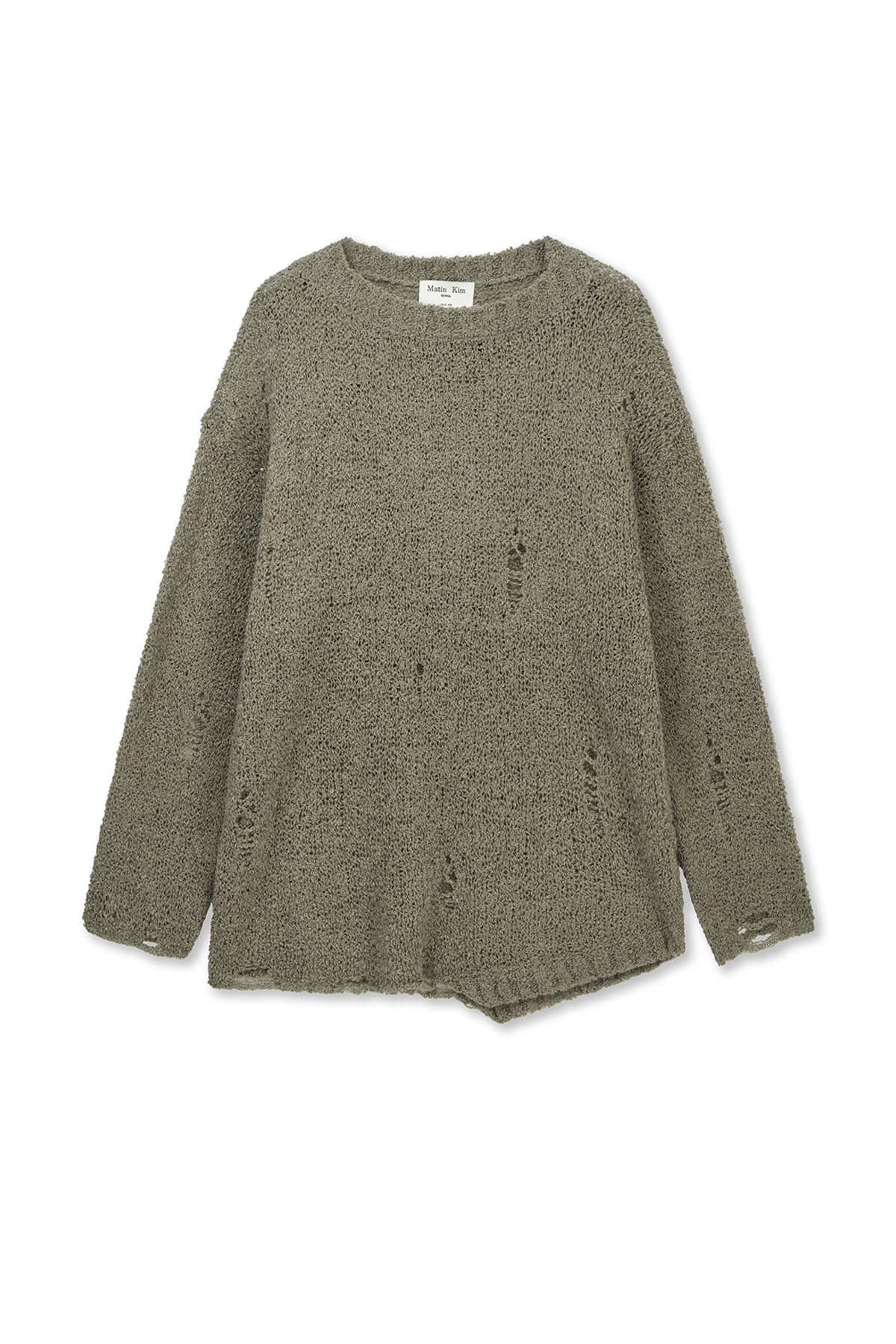 ASYMMETRIC DAMAGED KNIT PULLOVER IN KHAKI