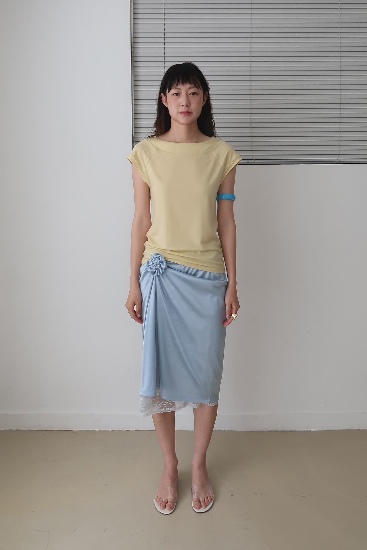 SATIN MIDI BANDING SKIRT_SKY