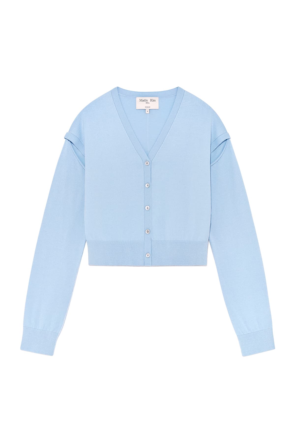SLIT DETAIL BUTTON CARDIGAN IN LIGHT BLUE