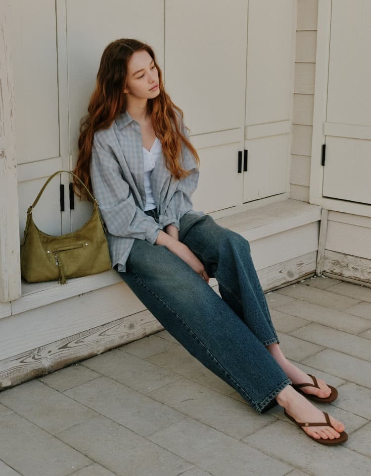 Loose-fit curved denim pants - medium blue
