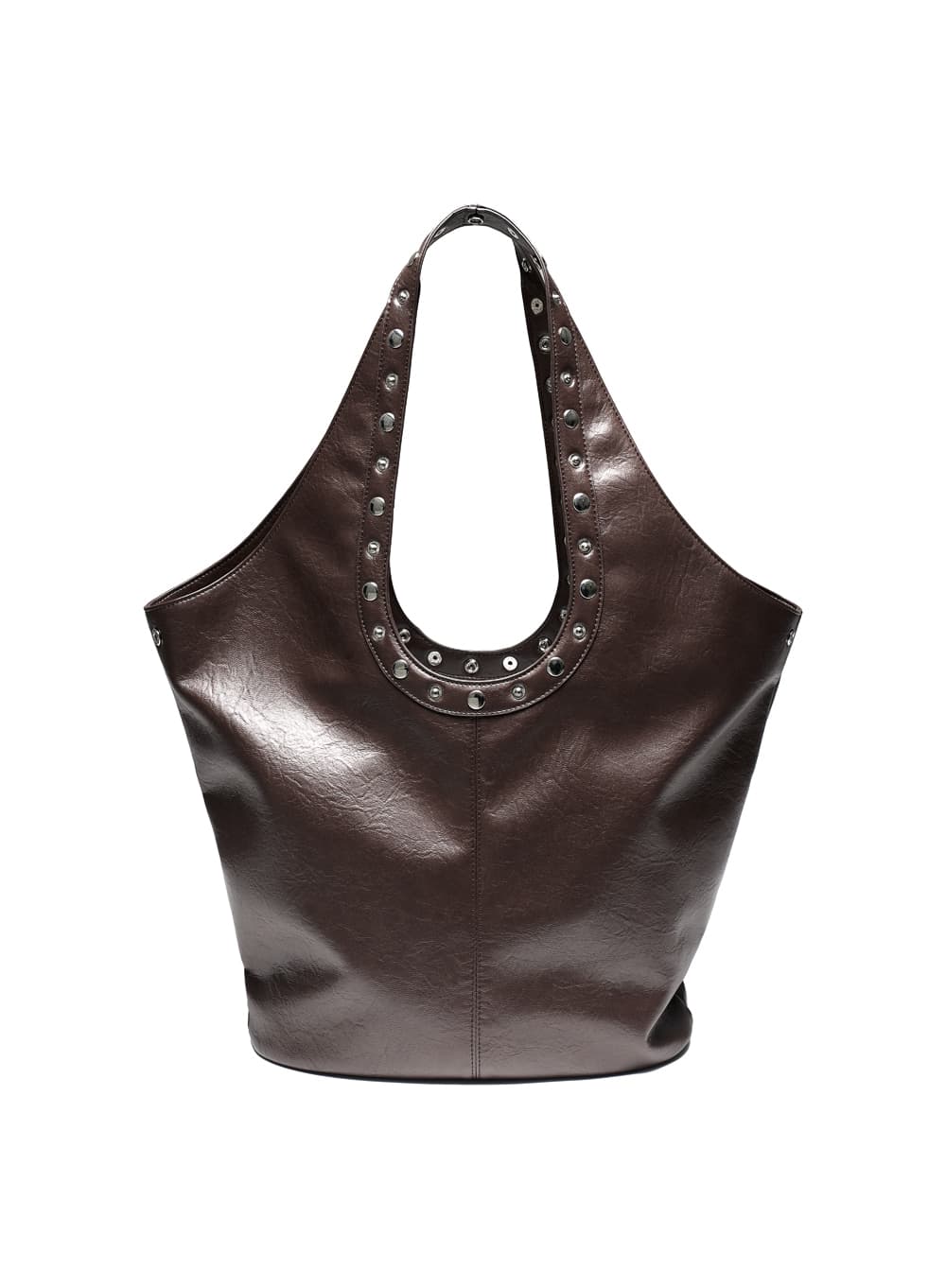 METAL SNAP HANDLE LEATHER BAG_BROWN