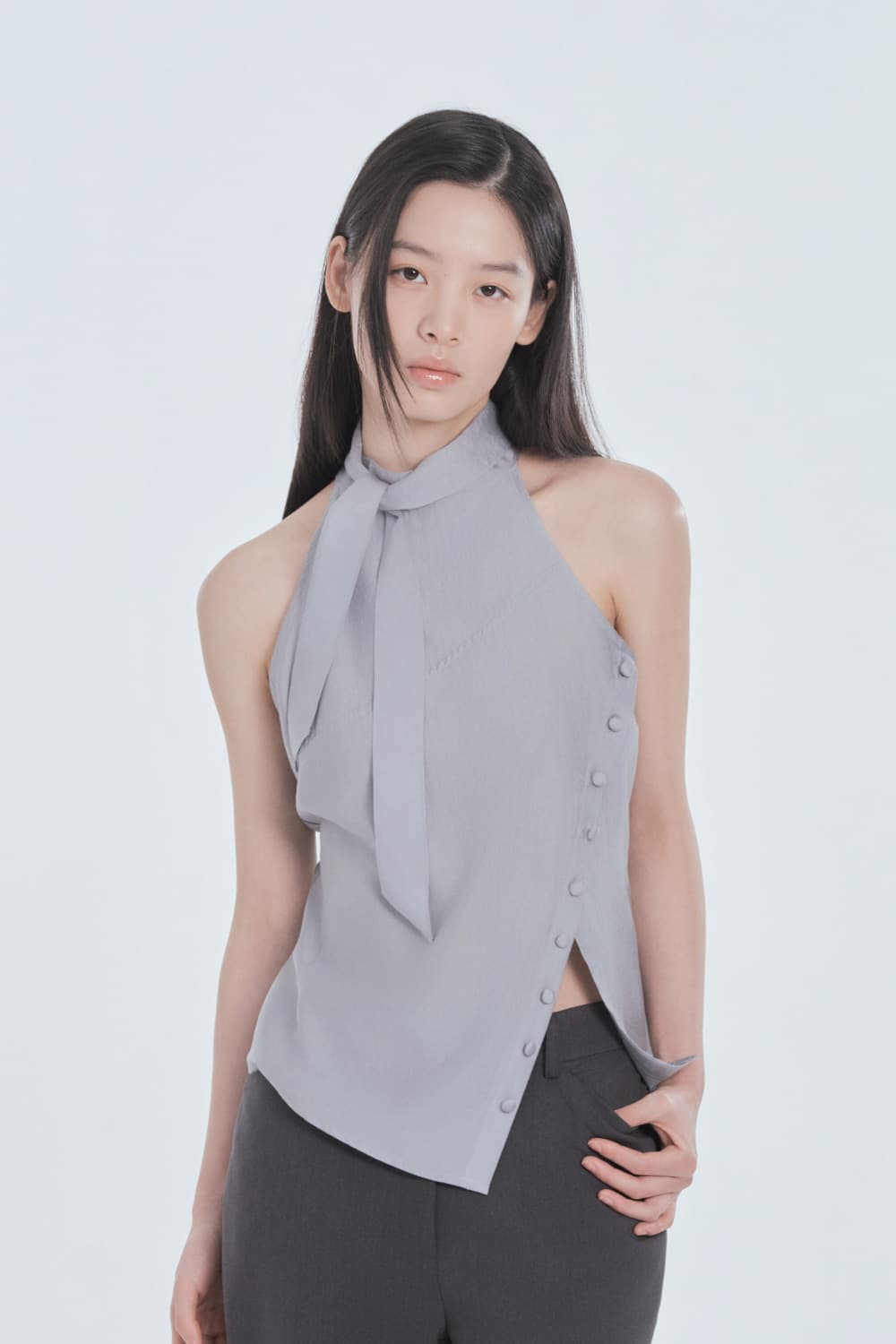 Asymmetric Scarf Halter Neck Blouse - Grey