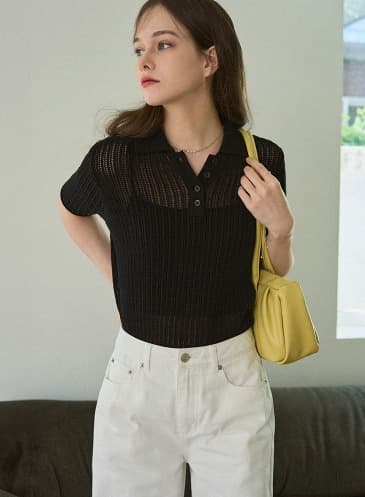 스카시 카라 코튼 반팔 니트 [BLACK]