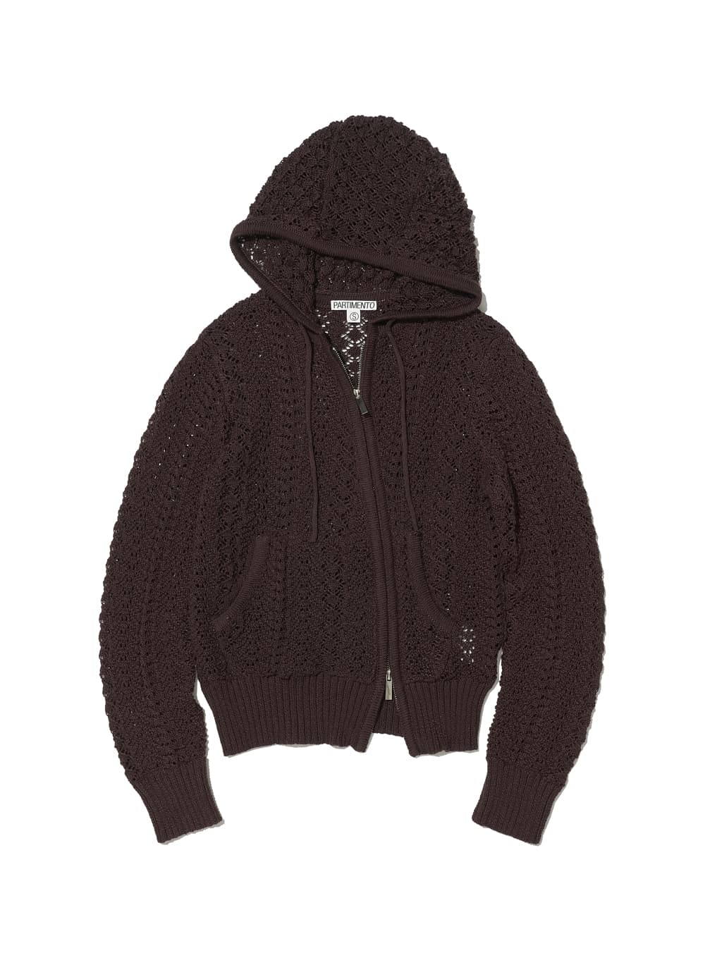 OPENWORK ASYMMETRIC ZIP-UP HOODIE KNIT_BROWN