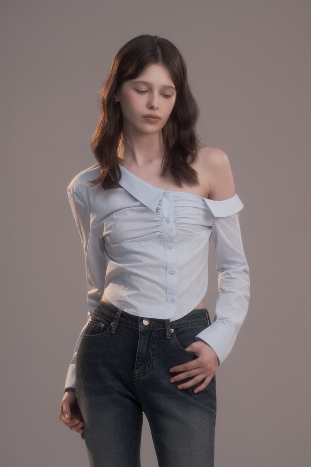 Cut-Out Shirring Shirt - Sky Blue