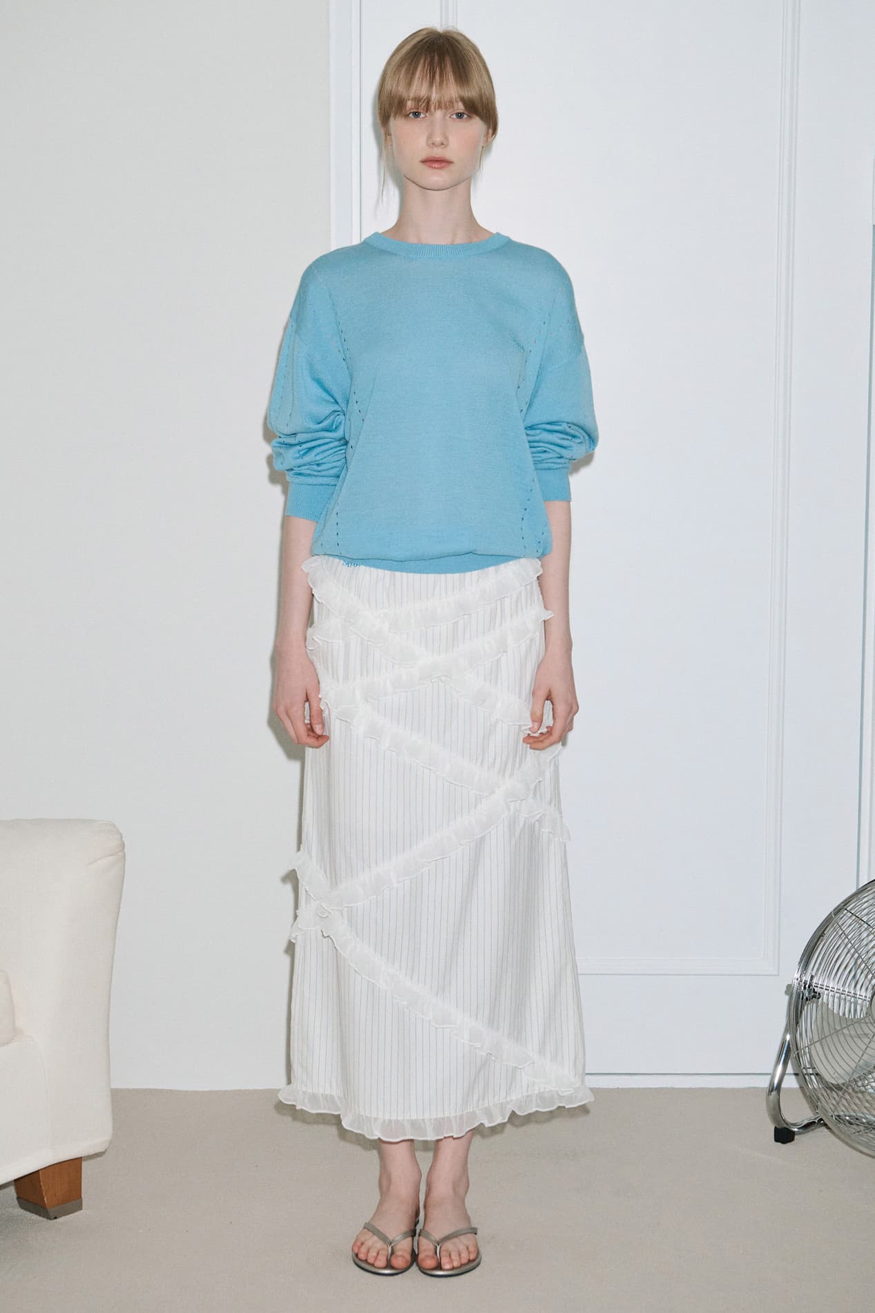 Chiffon Frill Stripe Long Skirt (Ivory)
