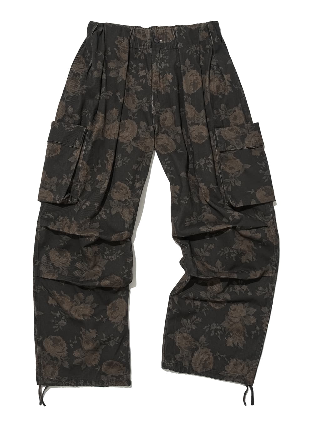 FLORAL GATHERED WAIST CARGO PANTS_BROWN
